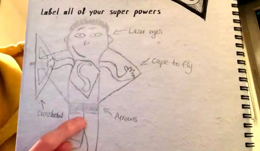 a page from the doodle book with a drawing of flowers in a vase a drawing of a superhero surrounded by words describing their skills including laser eyes and a cape to fly.