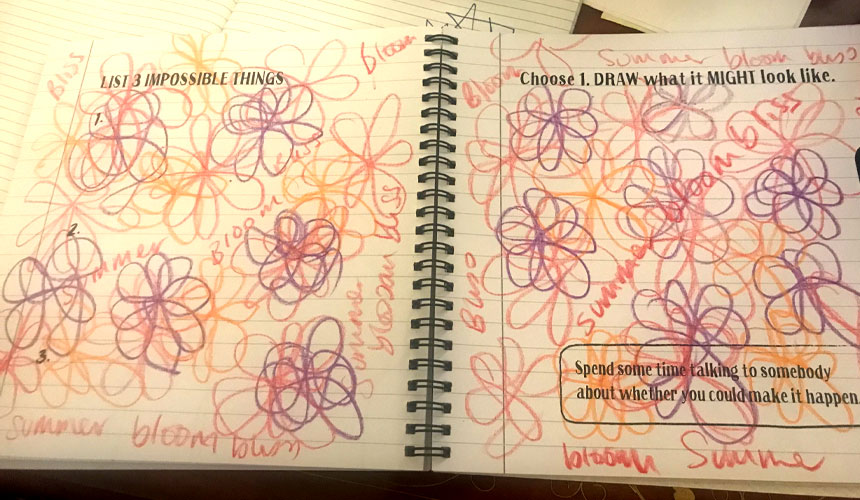 a double page spread from the doodle book covered in hand drawn orange and pink flowers.