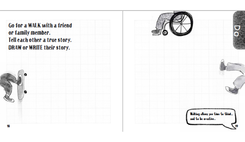 a double page spread from the doodle book in black and white