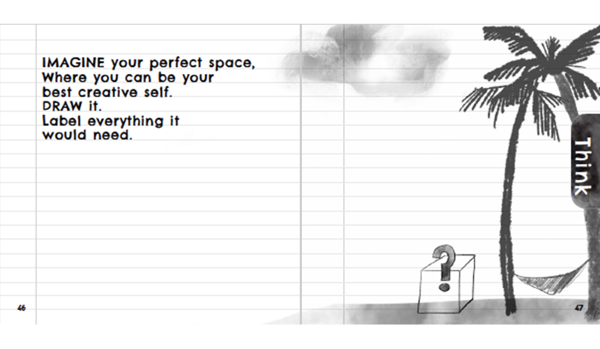 a double page spread from the doodle book in black and white. There is a palm tree on the right.