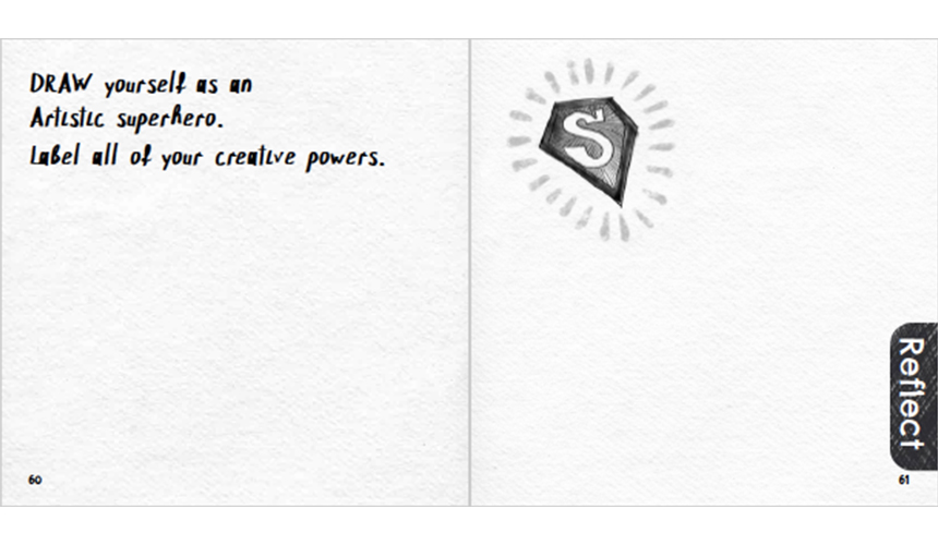 a double page spread from the doodle book in black and white. There is a superman logo in the middle of the page.