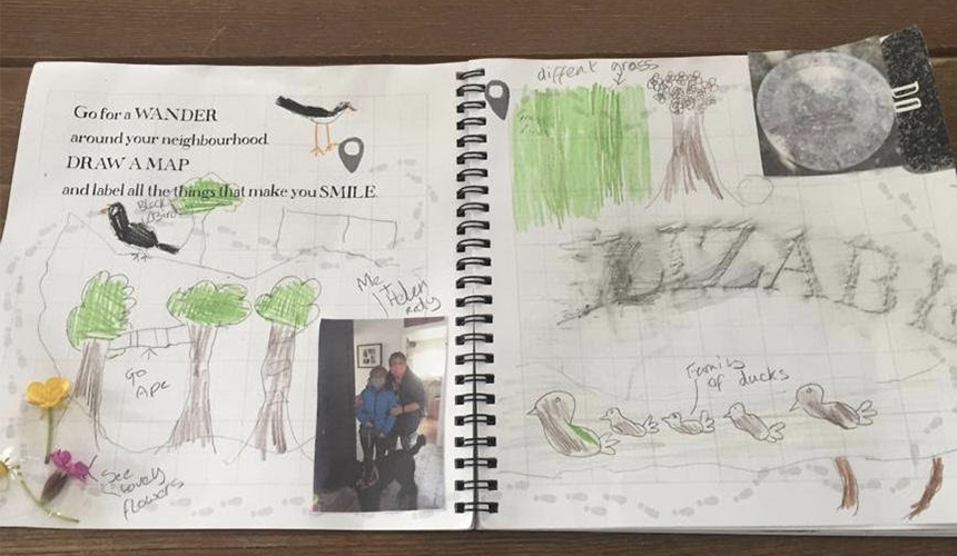 a double page spread from the doodle book. A participant has drawn trees on the pages.