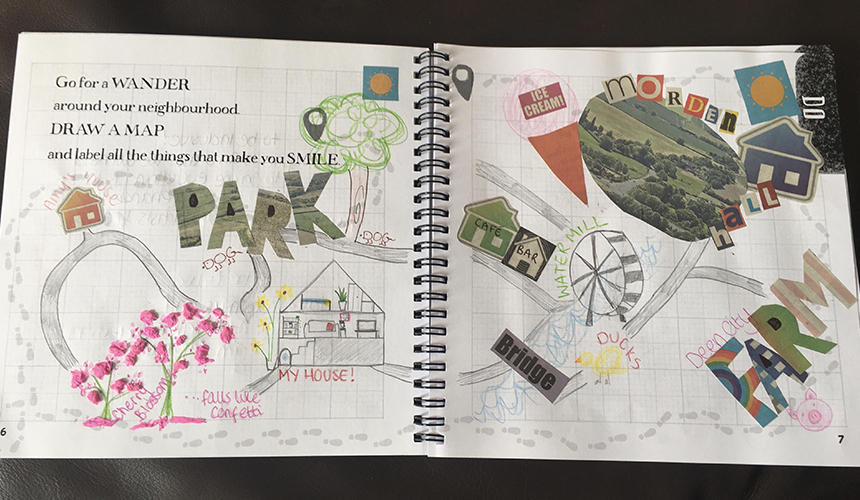 a double page spread from the doodle book. A participant has created a collage on the pages.