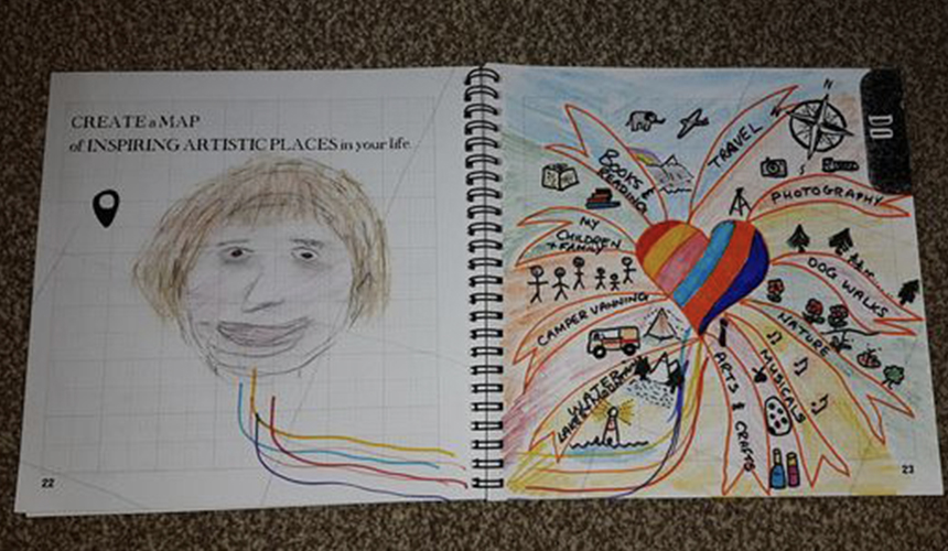 a double page spread from the doodle book with a drawing of a face on the left side and a colourful heart on the right side.